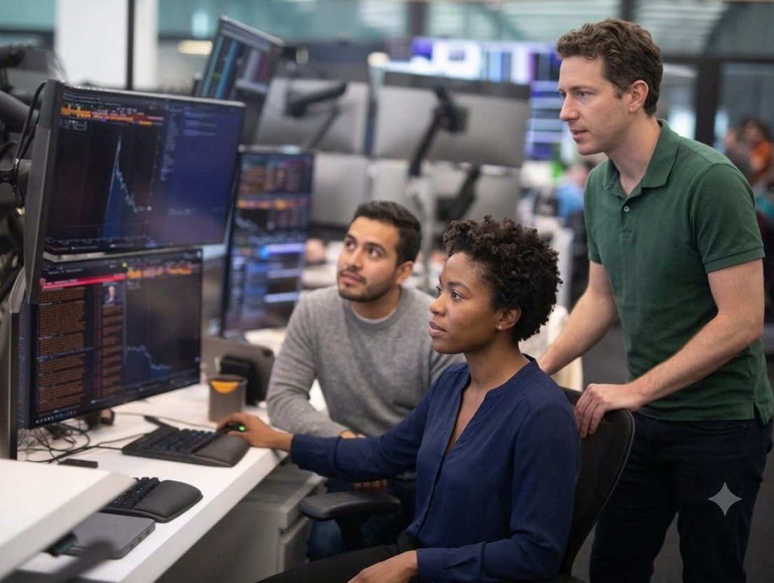 Quant team reviewing market data together on a New York City trading floor